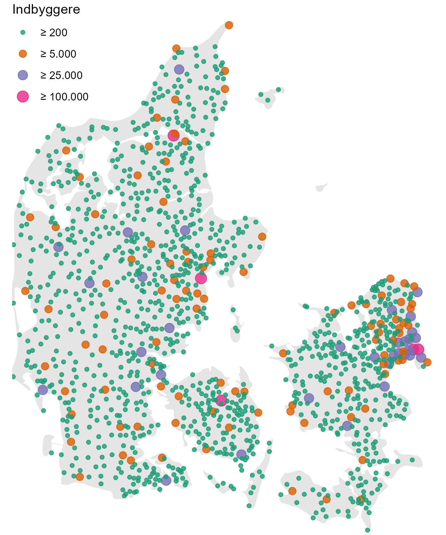 Byer i Danmark per 1. januar 2023. Kilde: Danmarks Statistik BY1.